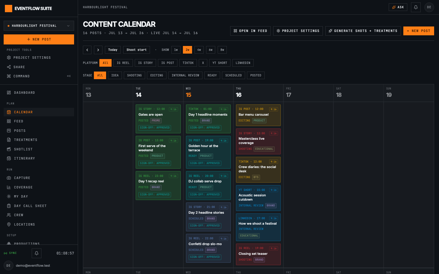 Content calendar: Drag-and-drop scheduling across the shoot window