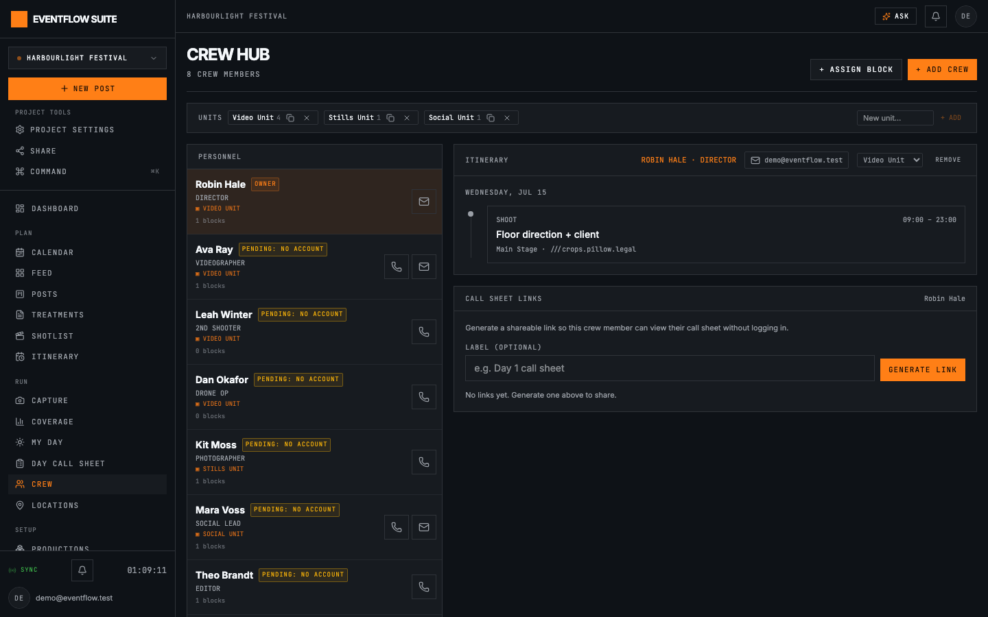 Crew hub: Units, roster and call sheets; call or email anyone in a tap