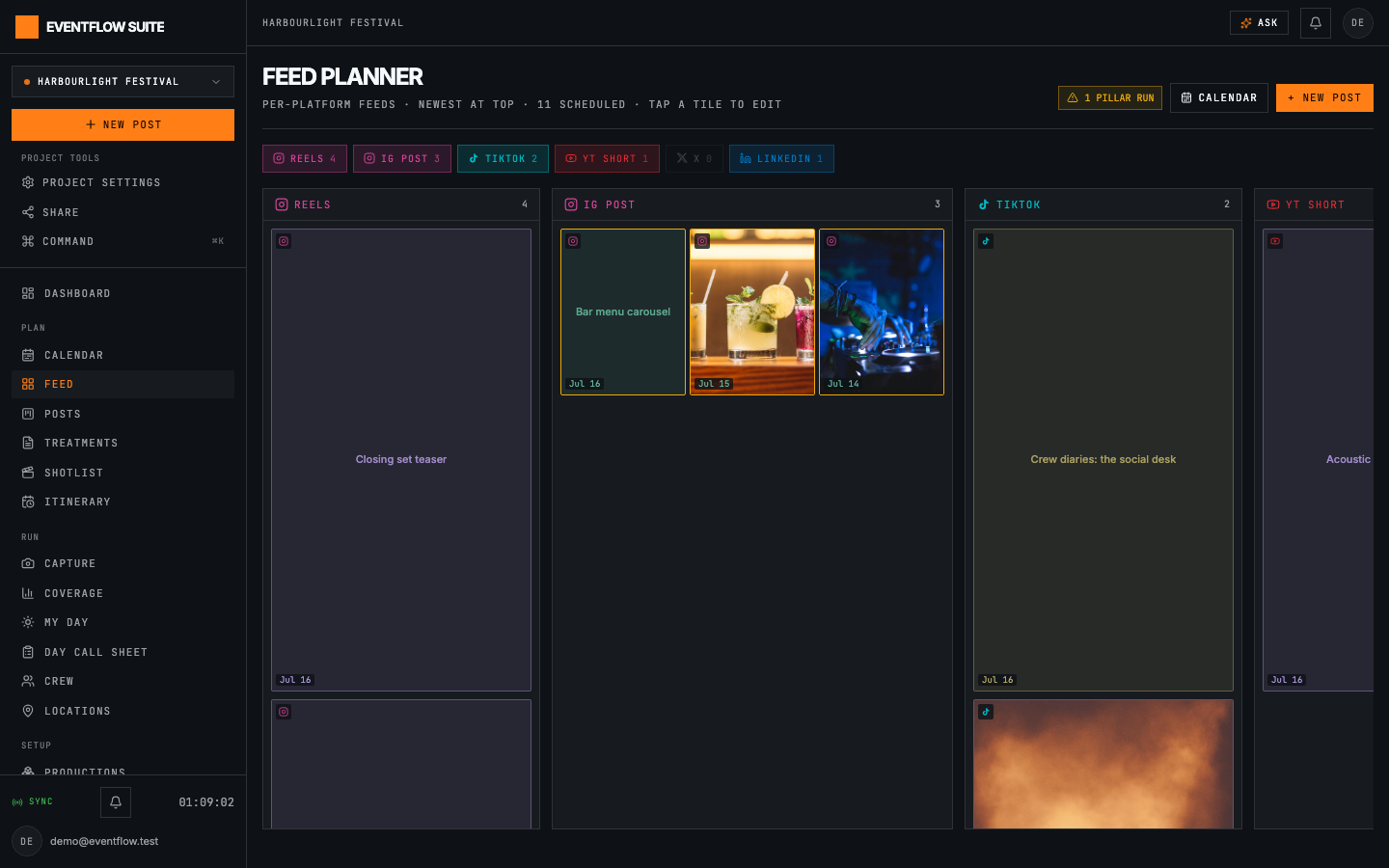 Feed planner: Visual grid preview with pillar-run warnings